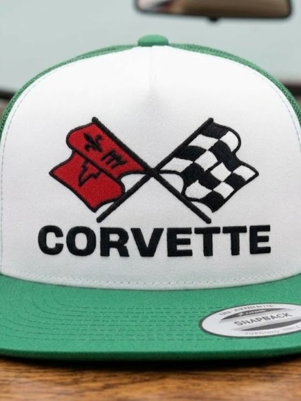 Vintage C3 Corvette Crossed Flags Kelly Green White Yupoong Snapback Hat Retro